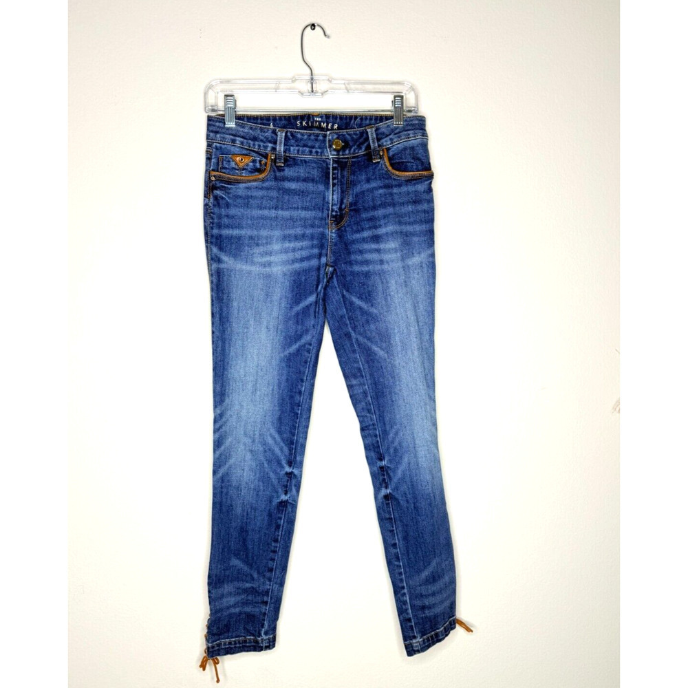 White House Black Market Jeans Womens Sz 4 Leather Trim Skimmer High Rise Blue